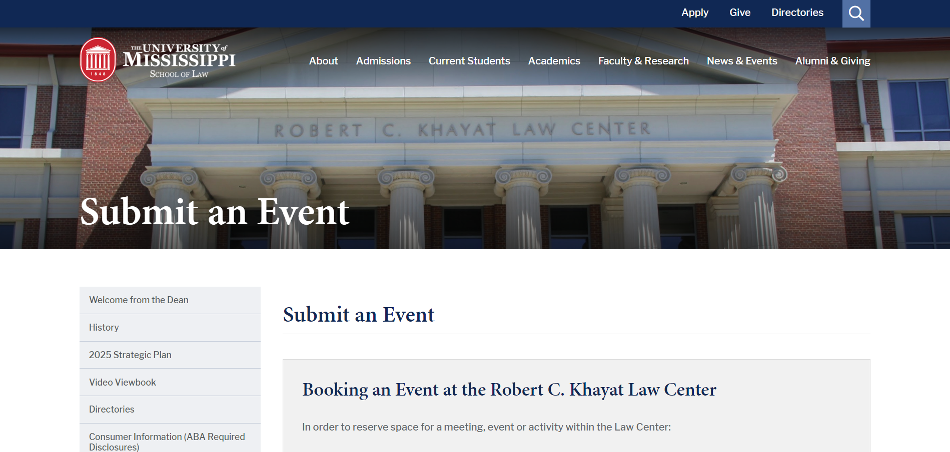 Página de Envío de Eventos de la Universidad de Mississippi